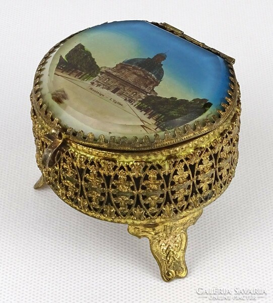 1O222 last century Basilica of Our Lady of Montaigu Belgian copper jewelry box with glass insert