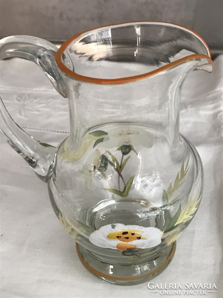 Hand-painted small glass jug, 14 cm high