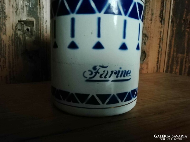 Flour container, early 20th century French enamel container, with nice decoration, slight flaws