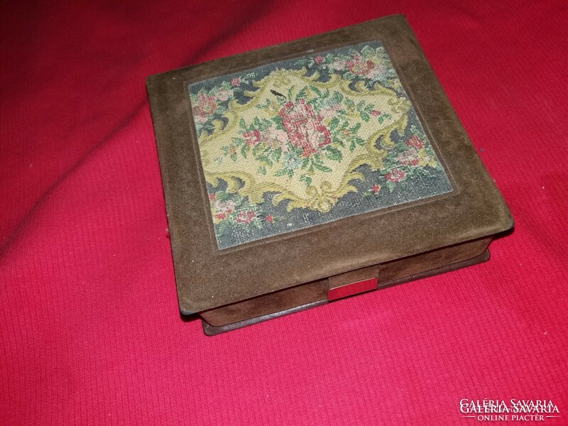 Old split leather coated needle tapestry decorated inside mirrored silk wooden jewelry box as shown in pictures
