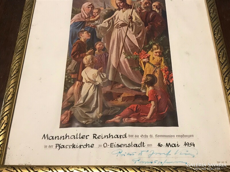 Első áldozás emlékére / 1954-es vallási kép,aranyozott faléc keretben. 33x24 cm