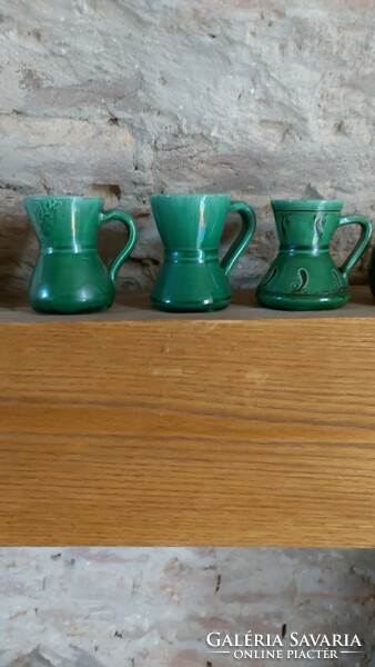 Glazed green ceramic brandy glasses. 3 Different shapes.