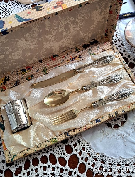 Children's cutlery set, gift, christening gift, gold-plated head, silver-plated handle, with glass