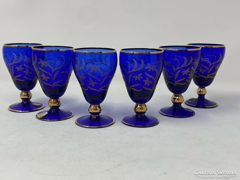 Vintage retro bohemia glass wonderful blue Czech gilded pattern liquor glass glasses 6 pcs