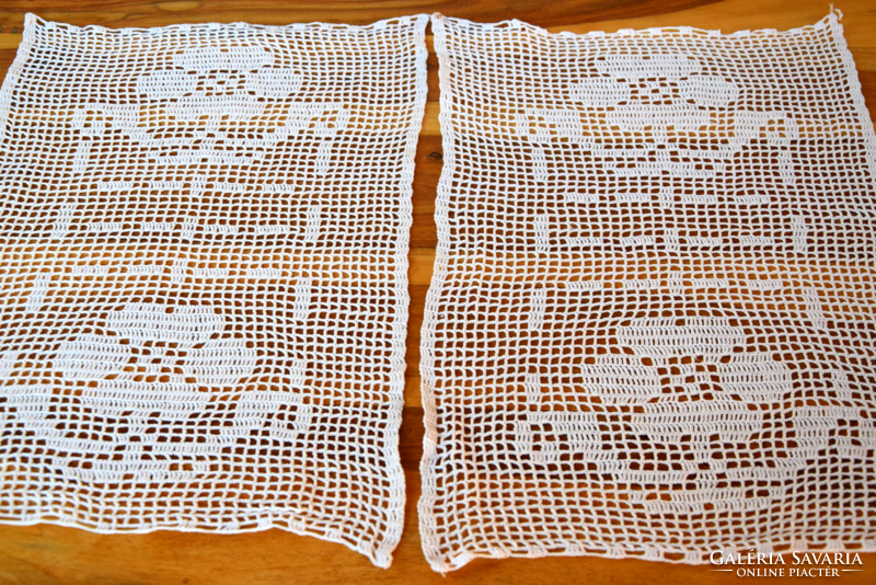 Pair of antique old hand crocheted lace stained glass curtains 46 x 28