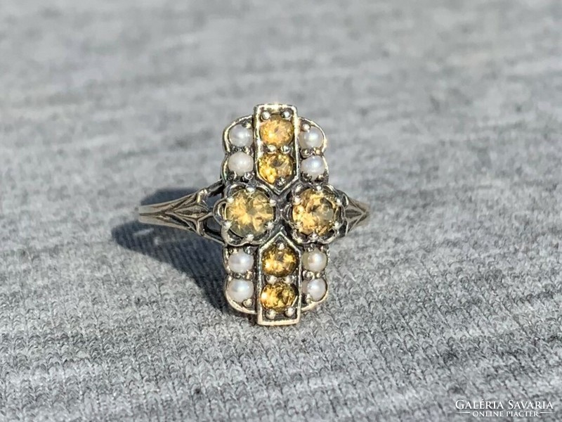 Women's silver ring with citrine and pearls