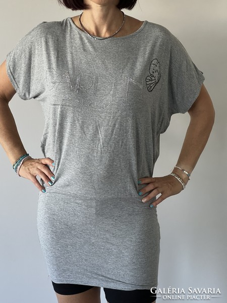 Gray rayon oversized tunic with glittering lettering and butterfly