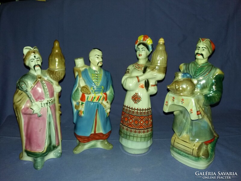 Old Dulevo porcelain figural vodka bottles cossacks 4 figures in one perfect collector's treat