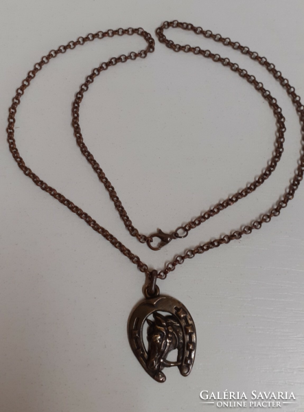 Retro bronze industrial art long necklace with openwork pattern horseshoe with horse head pendant