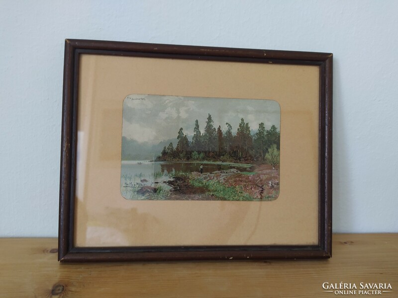 Old postcard depicting a painting by Morten Müller behind a glazed frame