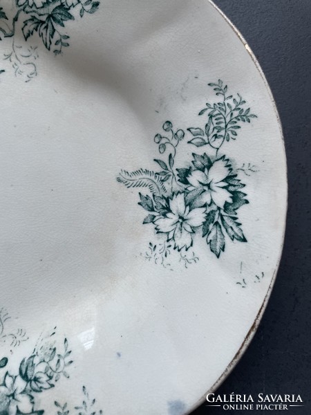 Wonderful, antique Valkyrie England semi porcelain serving bowl with wavy edges and green flowers