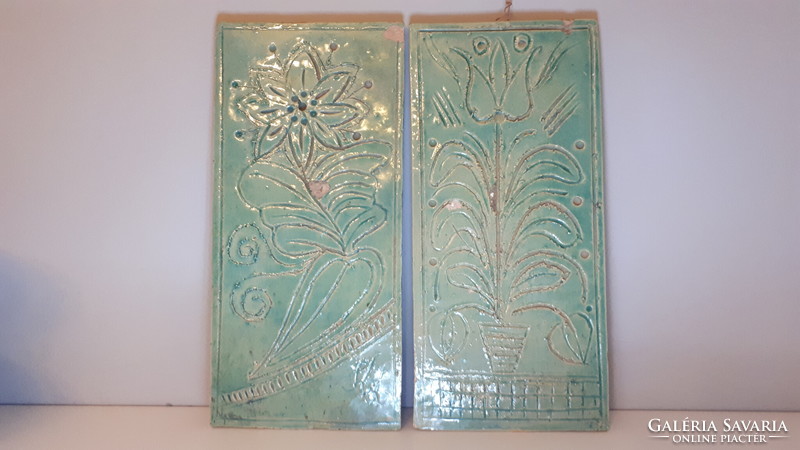 Régi jelzett zöld Zsolnay kerámia csempe pár 30.5 x 14 cm