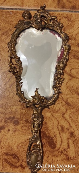 Antique hand mirror, angel, bronze copper, fire gilded baroque style, original condition! 1800's