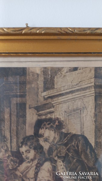Rézkarc 1902-ből, szignált életkép, eredeti keretben, kép felső részén sérülés/hiány, 28,5 X 19,5 cm