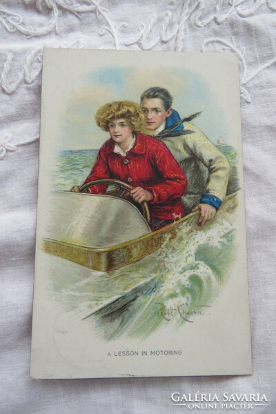 Art deco romantic litho/lithographic postcard / art card motorboat, pair 1913