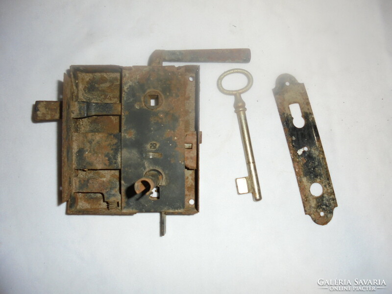 Old wrought iron cellar, gate, door lock with key, blanket