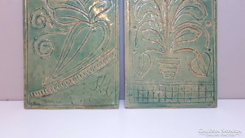 Pair of old marked green Zsolnay ceramic tiles 30.5 X 14 cm