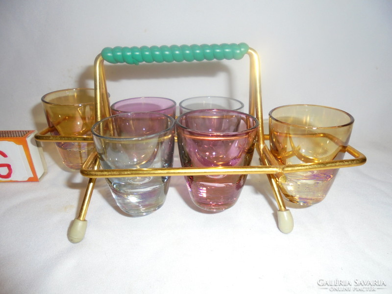 Set of retro colorful liqueur, brandy, and short drink glasses in a metal holder - for six