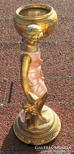 Szecessziós réz figurális festett gyertyatartó