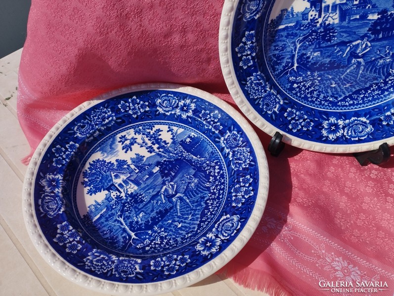 Antique English scene porcelain deep plate, 2 pieces