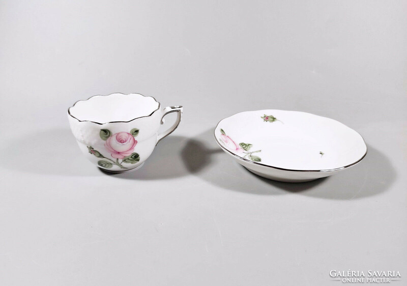 Herend, Viennese rose patterned platinum coffee cup and saucer, hand-painted porcelain! (K008)
