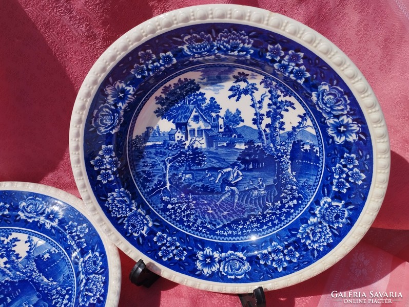 Antique English scene porcelain deep plate, 2 pieces