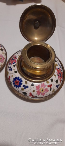 A pair of hand-painted porcelain inkstands and candlesticks with metal fittings