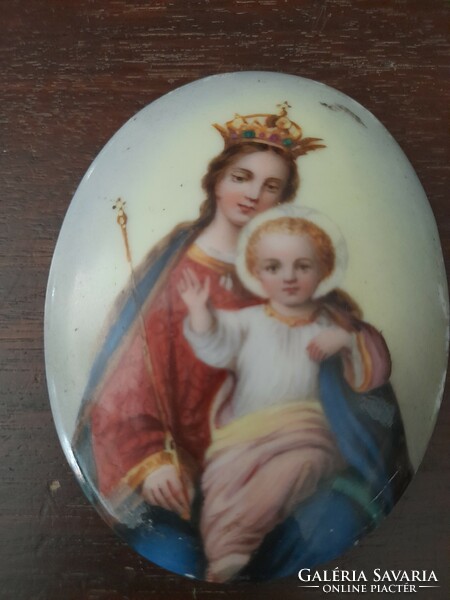 Old early 19th century large hand-painted porcelain saint image, picture. Pendant. 8.5 cm.