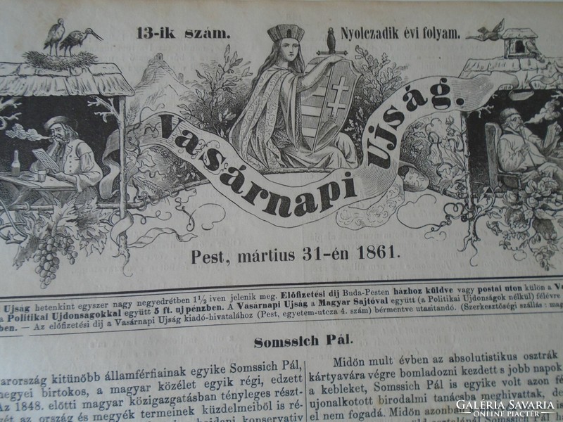 S0597 pál somssich - the president of the House of Representatives - somogysárd - woodcut and article - 1861 newspaper front page