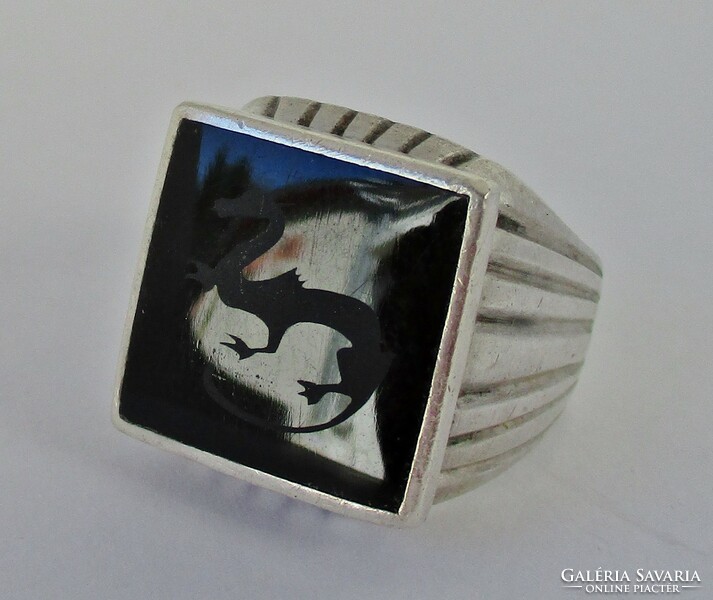 Beautiful old handmade silver ring with engraved onyx stone