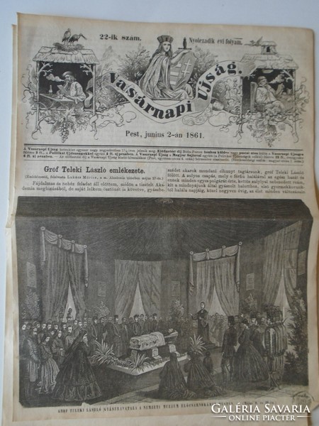 S0604 Gróf Teleki László  ravatala hosszú cikkel - fametszet és cikk-1861-es újság címlapja