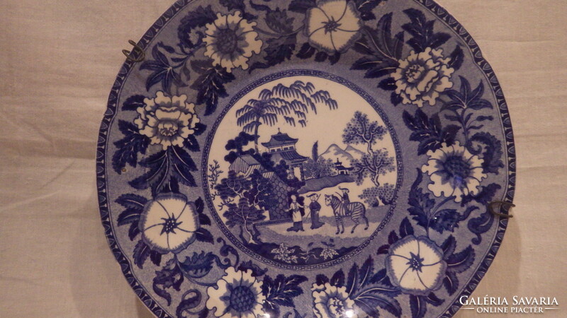 Antique blue and white marked porcelain oriental scene wall plate