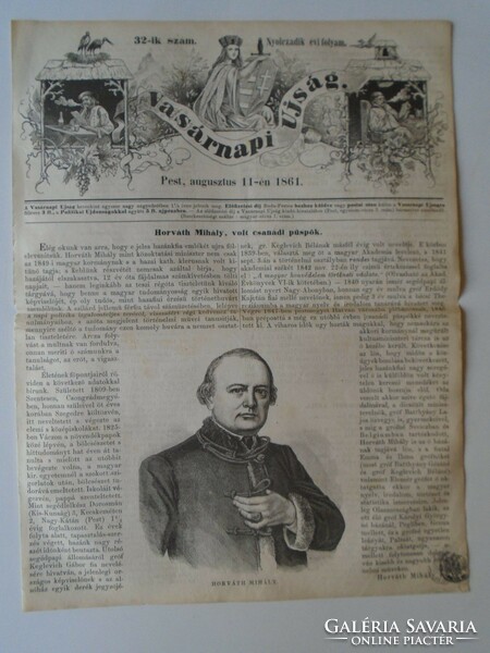 S0611 Mihály Szentes Horváth - Bishop of Csánád, Deputy Minister - woodcut and article - 1861 newspaper front page