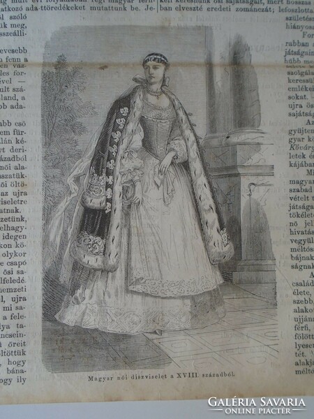 S0593 Magyar női díszviselet a XVIII. századból   - fametszet és cikk -1861-es újság címlapja