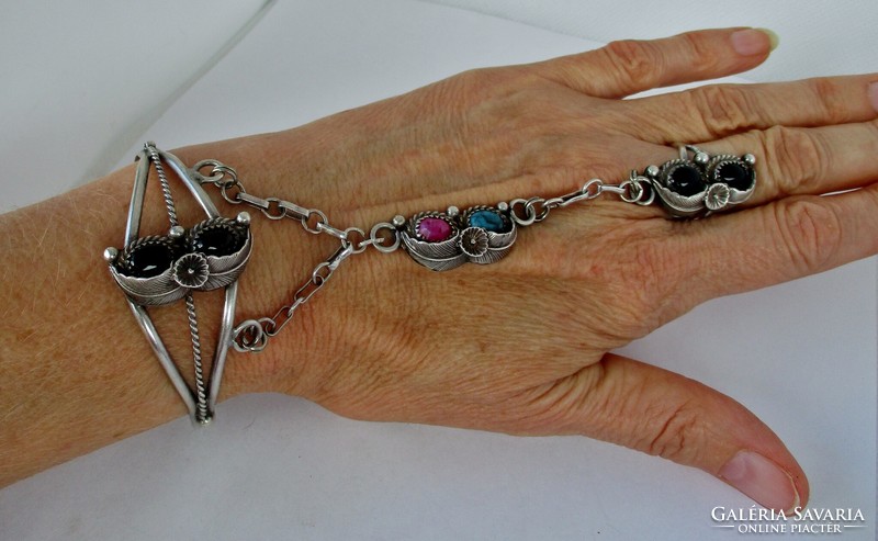 Beautiful old ring silver bracelet with ruby turquoise and onyx stones