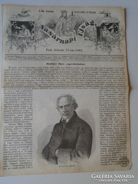 S0592 Máté Haubner - Veszprém - evangelical pastor - woodcut and article - 1861 newspaper front page