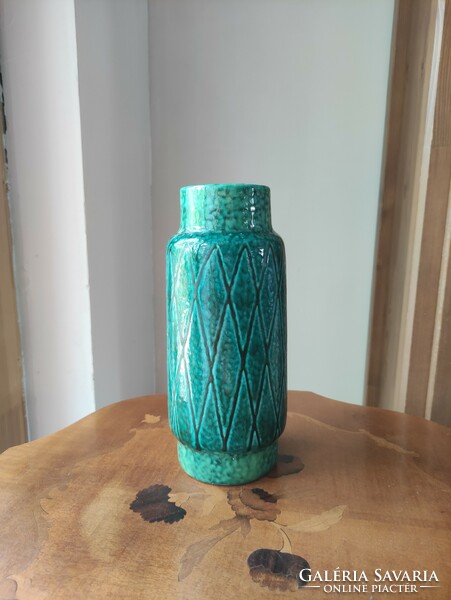 Turquoise glazed, marked retro applied art ceramic vase with geometric lines