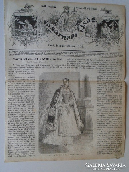 S0593 Hungarian women's dress of the xviii. From the century - woodcut and article - 1861 newspaper front page