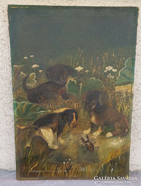 Old marked oil on canvas painting, puppies