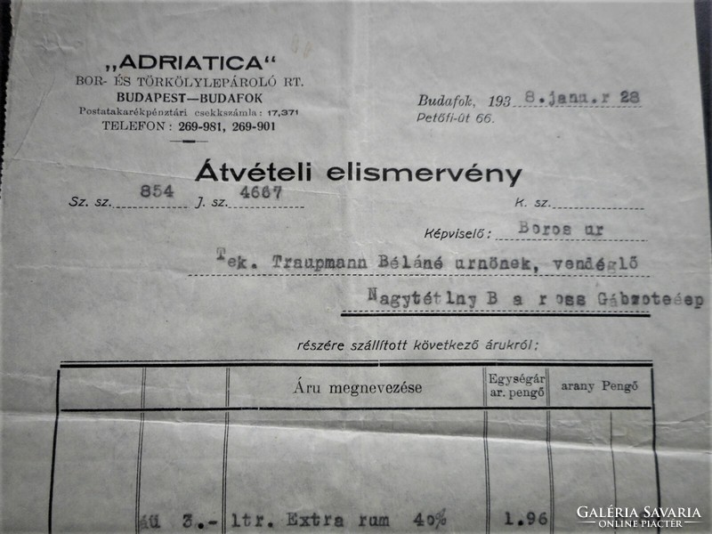 Régi Adriatica likőrös üveg + korabeli átvételi elismervénye (1936)