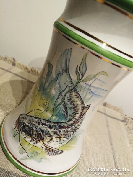 Stoneware jug, kitchen storage - with catfish motif