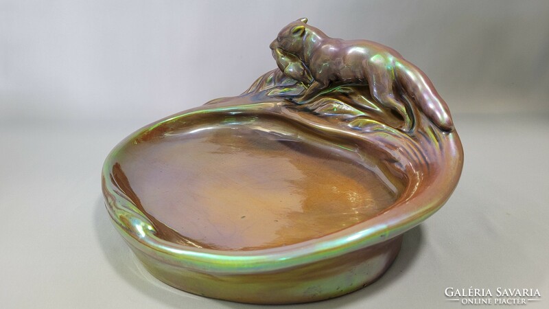 Old Zsolnay eozin glazed fox bowl, offering