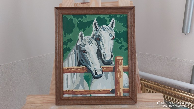 (K) horses lovely small painting 28x22 cm with frame