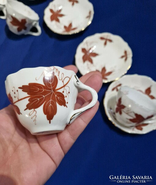 A wonderful set of mocha coffee cups from aquincum porcelain with a brown leaf pattern in autumn decor.