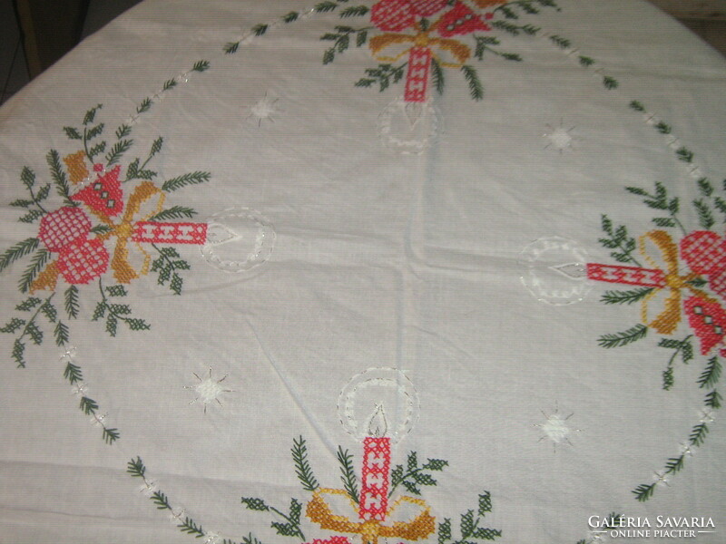 Beautiful Christmas cross-stitch embroidered tablecloth