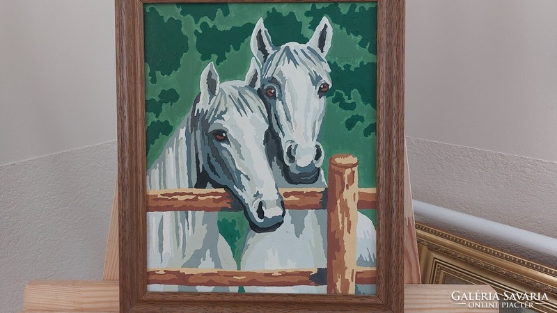 (K) horses lovely small painting 28x22 cm with frame