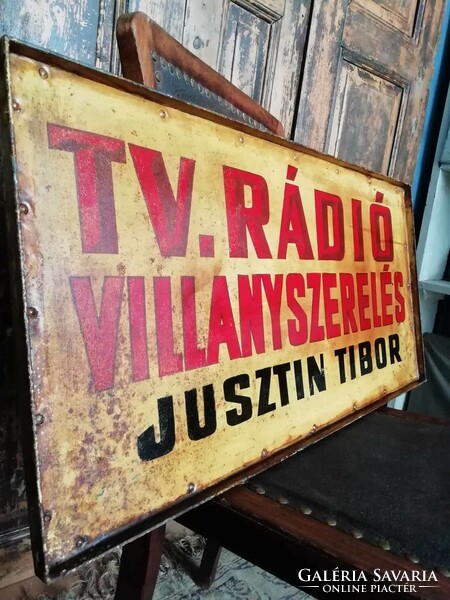 TV rádió villanyszerelés tábla, reklámtábla 1960-as 70-es évek, festett tábla, fém kétoldalas cégér