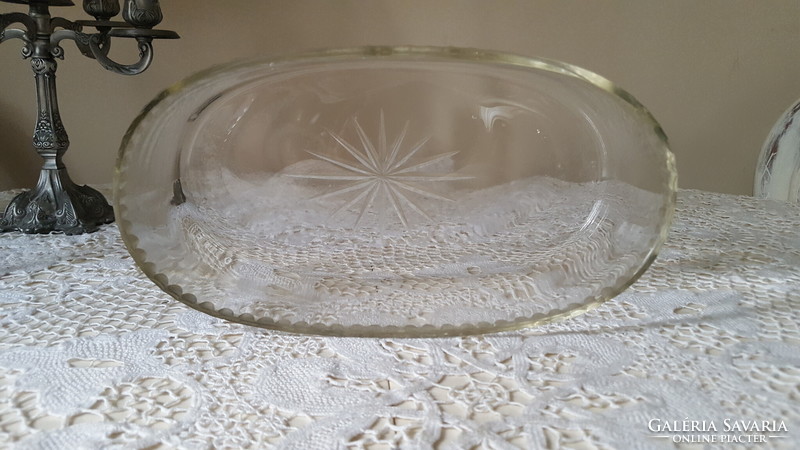 Antique polished, incised glass insert for metal serving tray