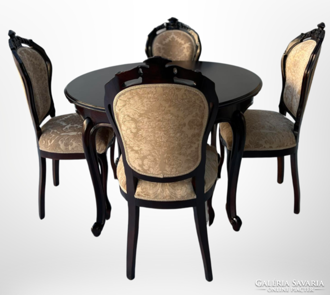 Antik stílusú kör alakú étkező / tárgyaló asztal 4 db kárpitozott támlás székkel