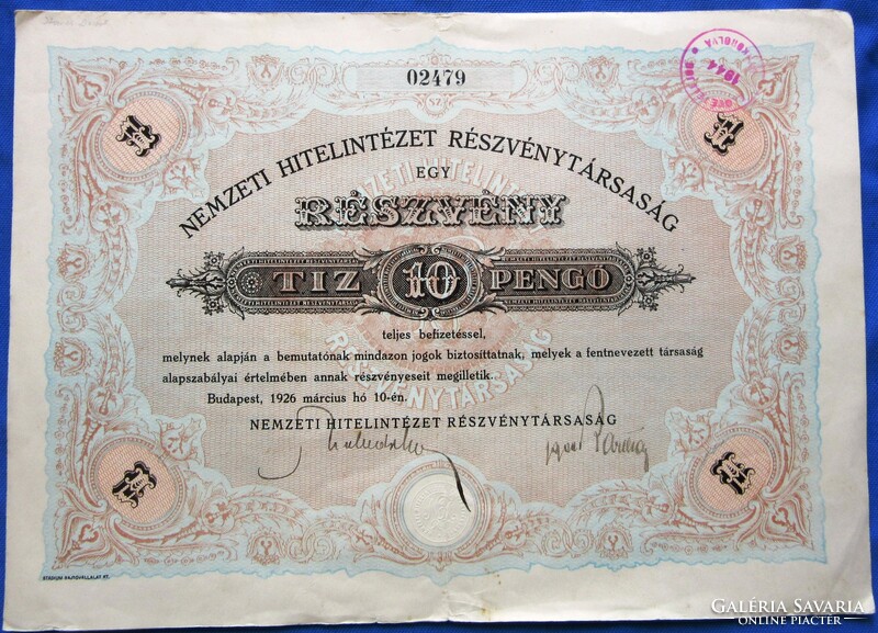 Nemzeti Hitelintézet Részvénytársaság egy részvény tíz pengő Budapest 1926
